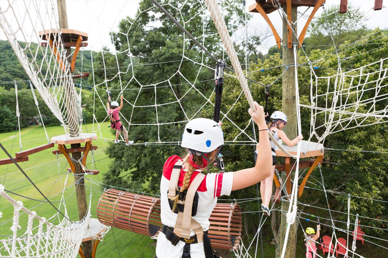 People walking across ropes suspended between poles.