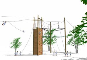 Challenger course design rendering with participants on climbing wall.