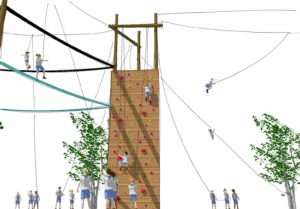 Challenger course render with climbing wall.