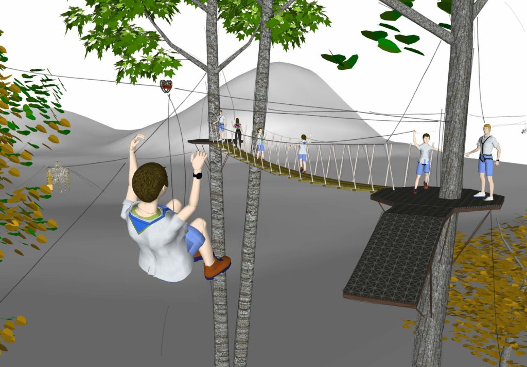 Kid zip lining to platform.