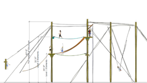 View of rendering with dimensions of the Endeavor Series challenge course from Challenge Towers
